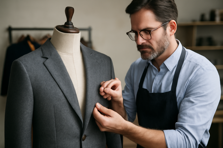couturier retouchant une veste sur mannequin