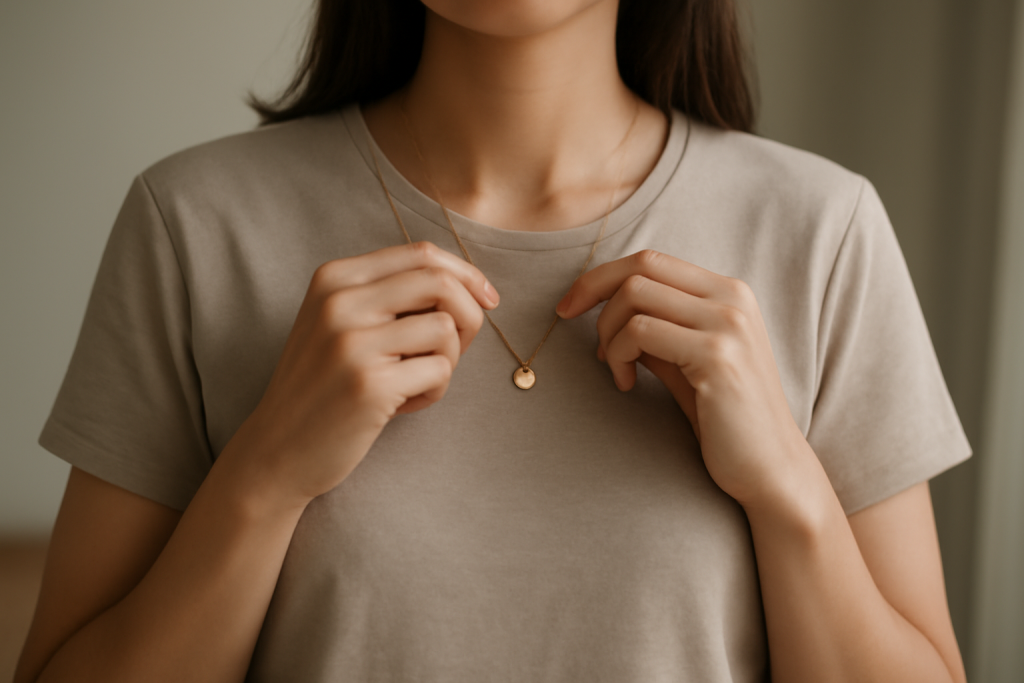personne ajoutant un accessoire à tenue simple