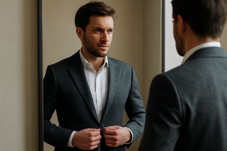 homme portant un blazer ajusté devant miroir