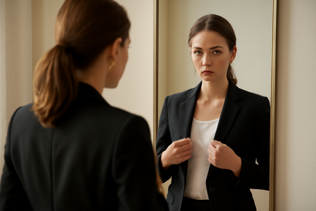 femme ajustant un blazer devant miroir mural