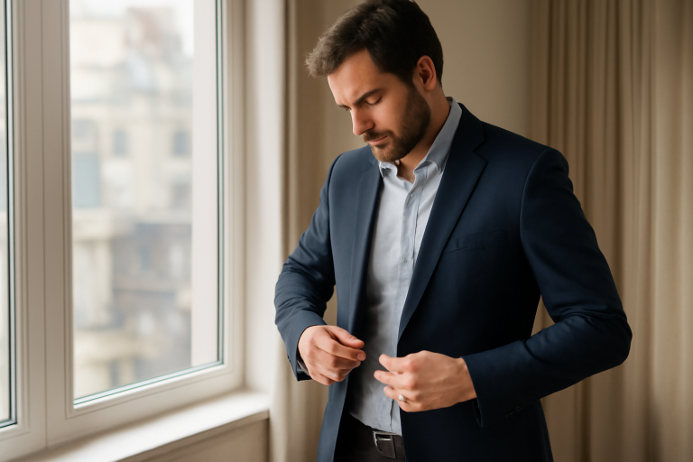 homme essayant un blazer devant une fenêtre