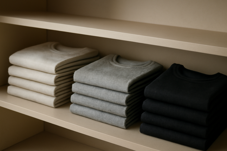 piles de vêtements basiques sur étagère