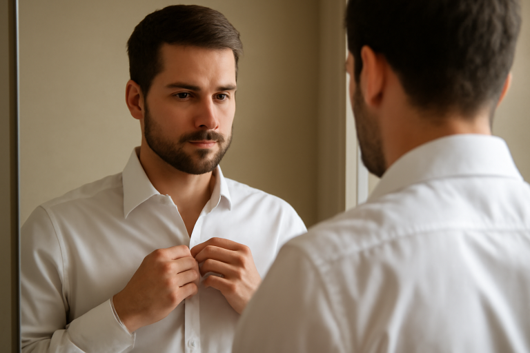 homme ajustant chemise devant miroir