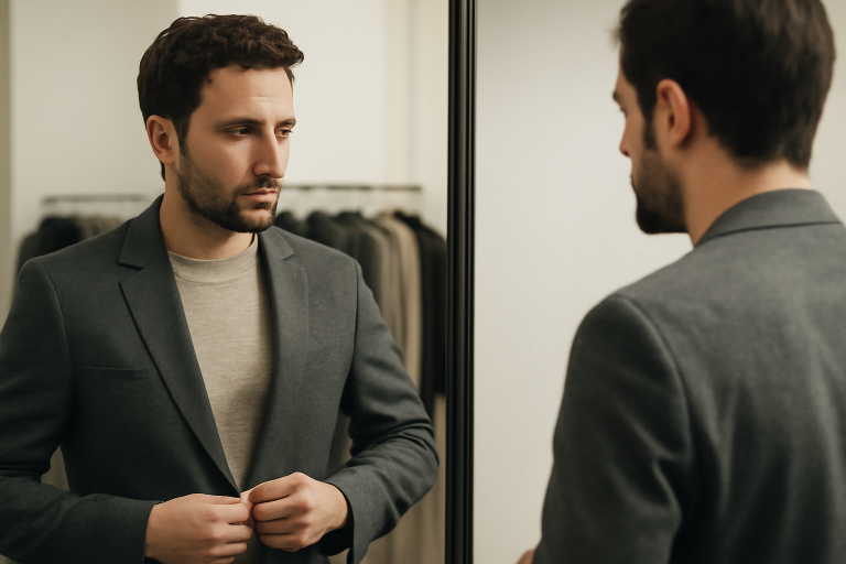homme essayant une veste devant miroir