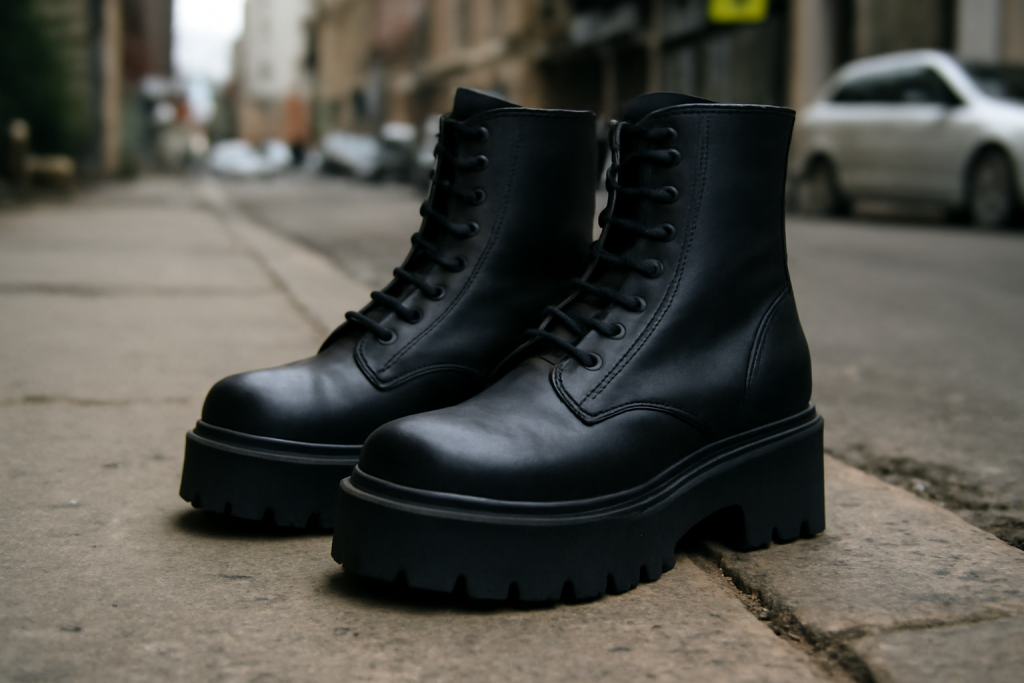 bottes massives sur trottoir urbain