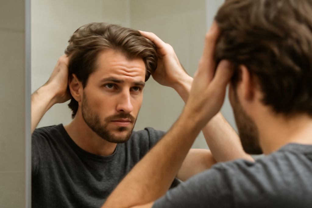 homme coiffant cheveux mi-longs devant miroir