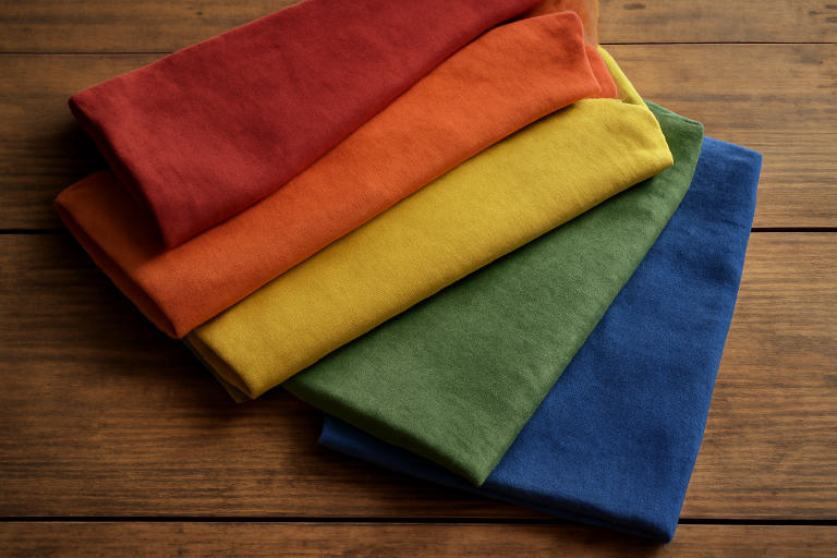 tissus colorés étalés sur table bois