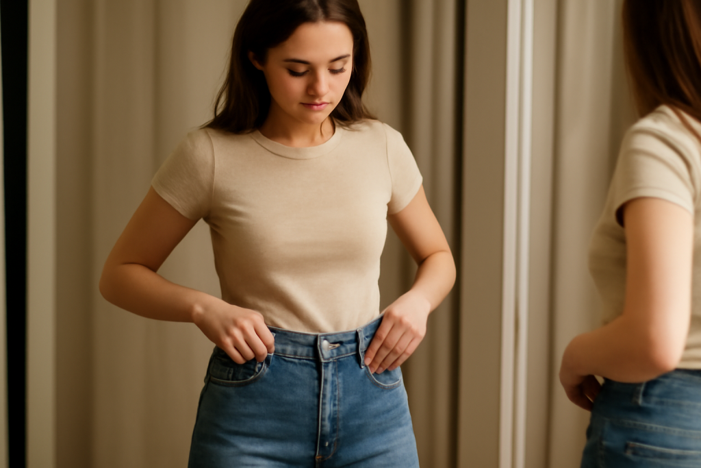 femme essayant un jean taille haute