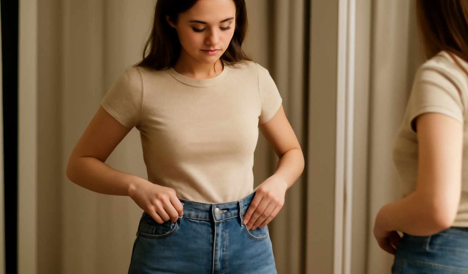 femme essayant un jean taille haute