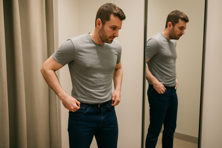 homme essayant pantalon ajusté en cabine