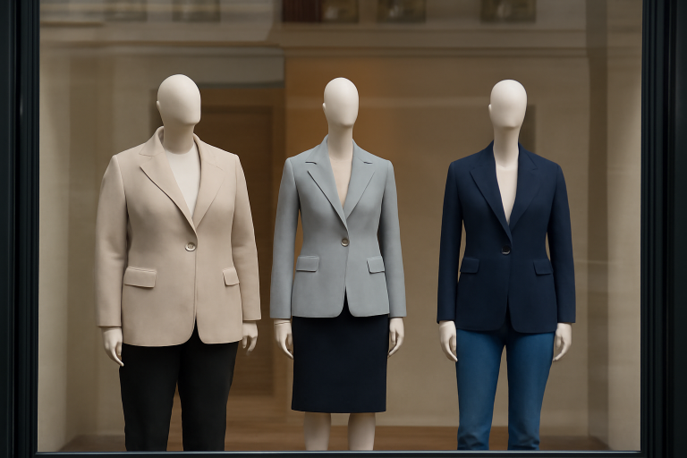 veste structurée sur silhouette diverse en vitrine