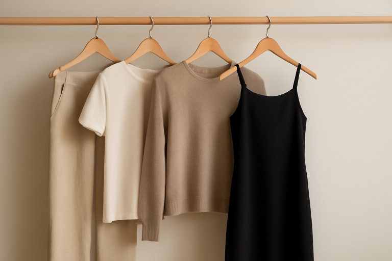tenues minimalistes suspendues sur porte-manteau