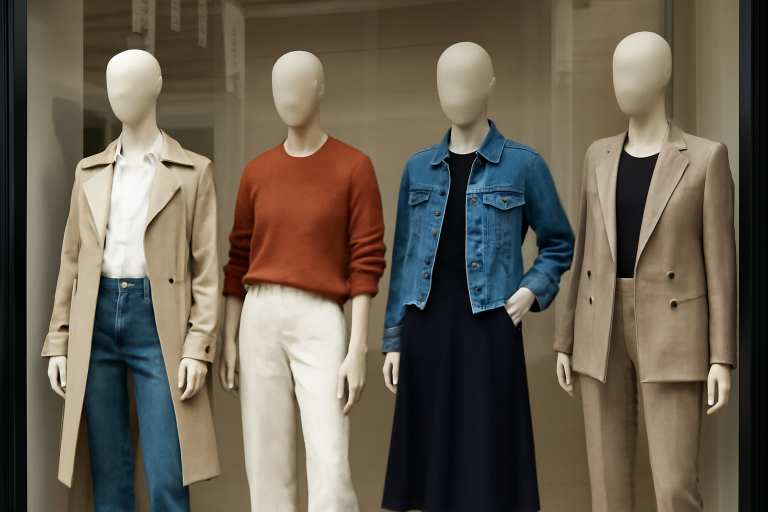mannequins avec tenues variées en vitrine