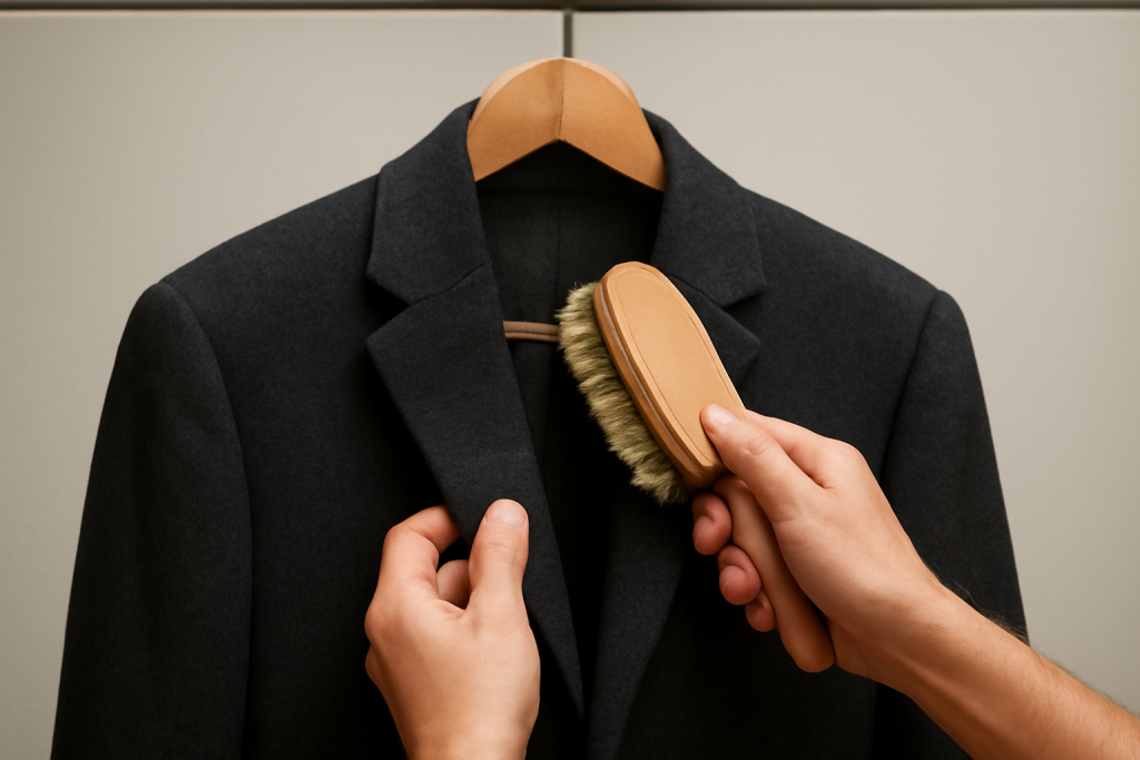 mains brossant blazer laine sur cintre