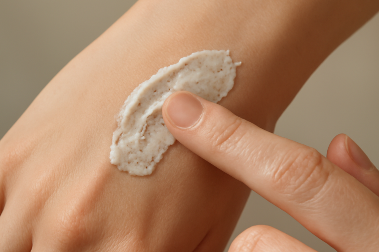 main appliquant lotion exfoliante légère sur peau
