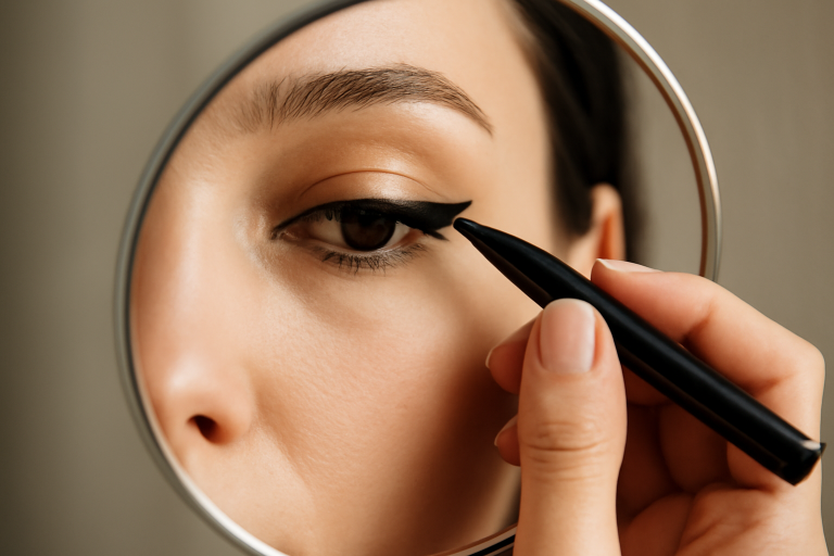 main tirant trait d'eyeliner près du miroir