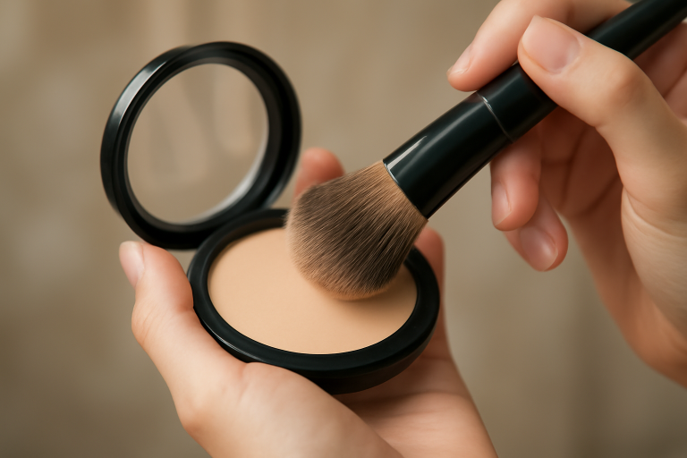 mains appliquant poudre compacte légère