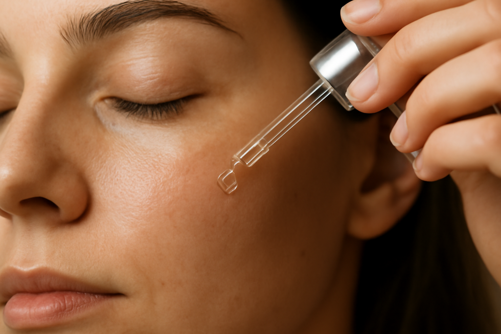 main appliquant serum sur peau du visage