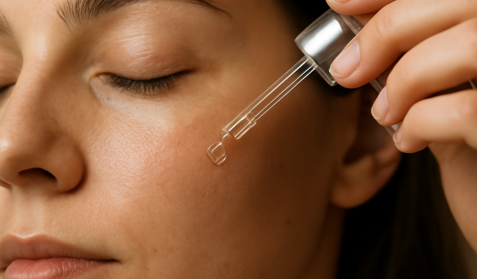 main appliquant serum sur peau du visage