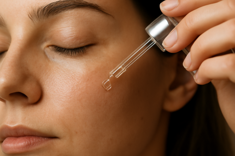 main appliquant serum sur peau du visage