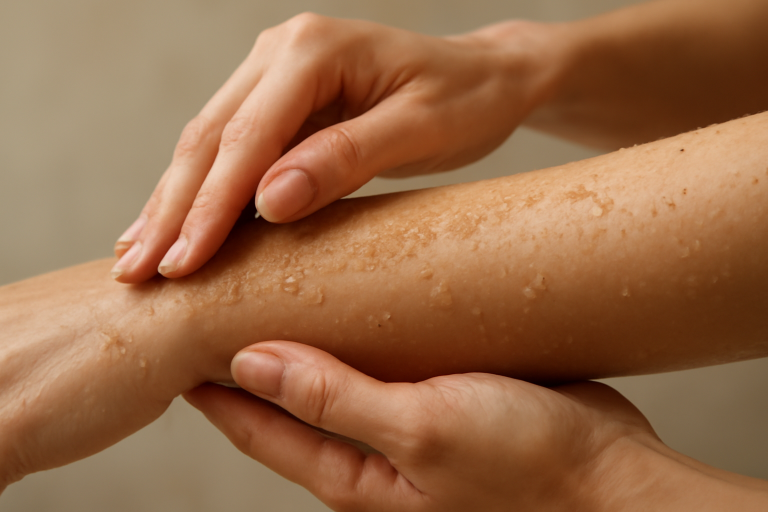 mains massant gommage sur peau du bras