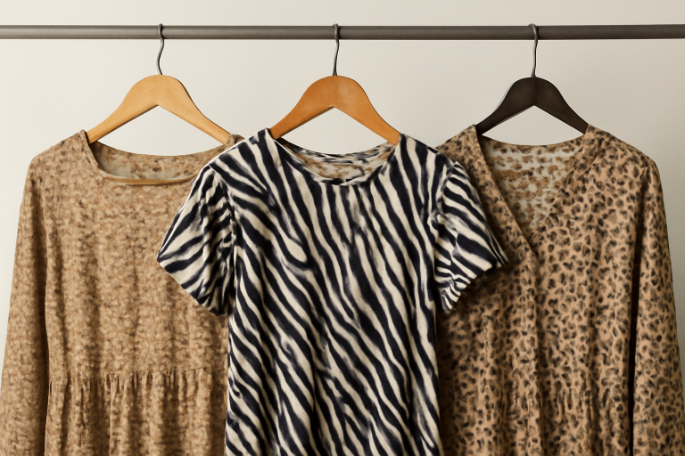 trois tenues imprimées sur cintres variés