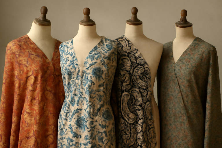tissu à motifs exposé sur mannequin varié