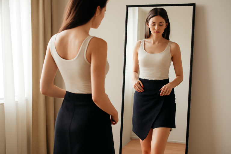 femme essayant une jupe asymétrique devant miroir