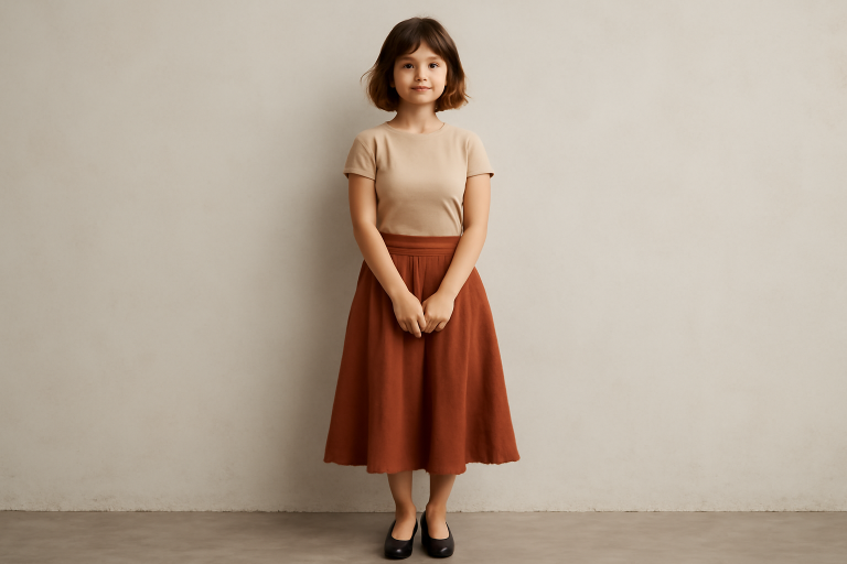 femme petite portant une jupe midi