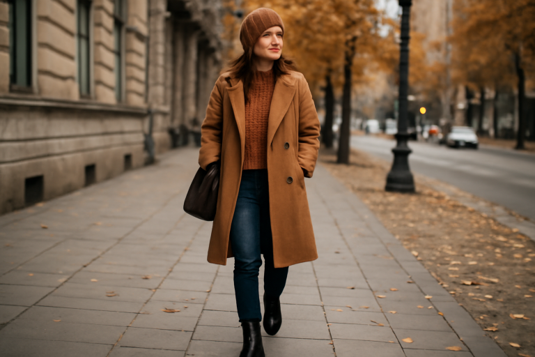 personne marchant en ville tenue automnale stylée
