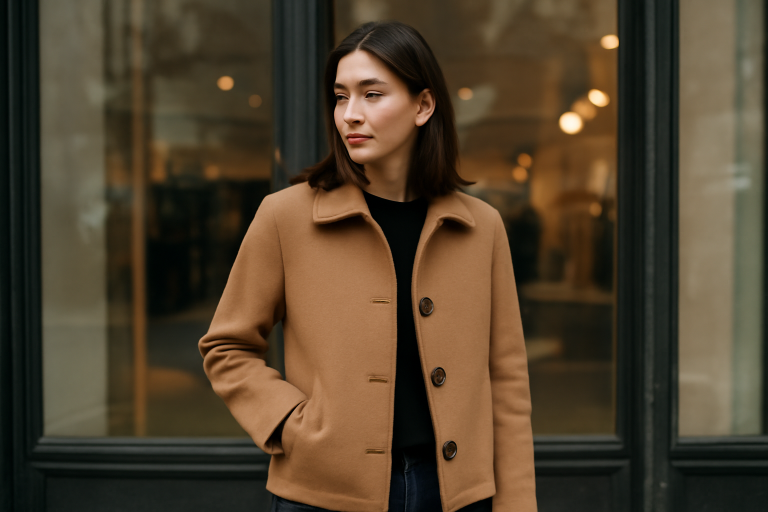 femme portant manteau court devant vitrine