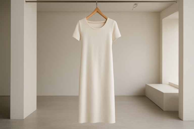 robe minimaliste suspendue dans un showroom épuré