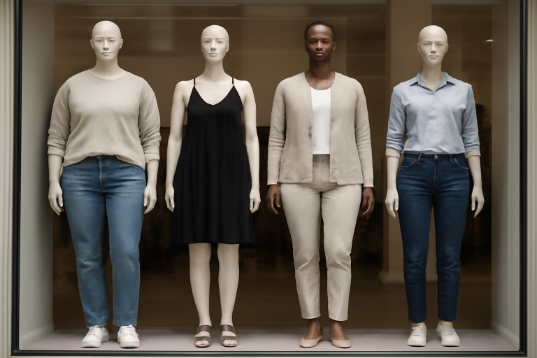 mannequins de tailles diverses en vitrine