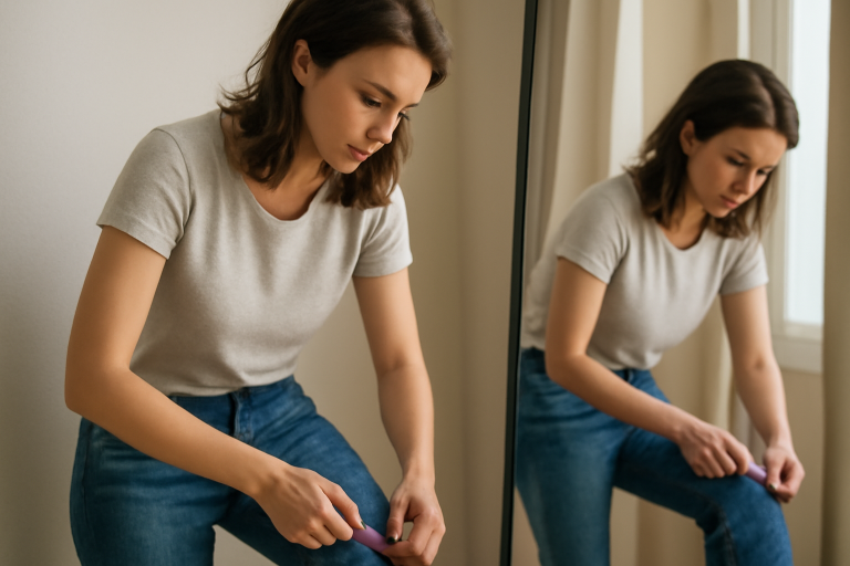 femme ajustant l'ourlet d'un jean près d'un miroir
