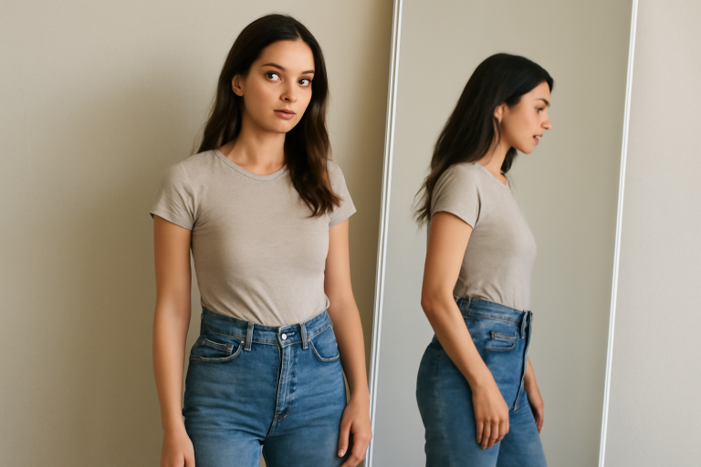 femme portant jean taille haute debout devant miroir