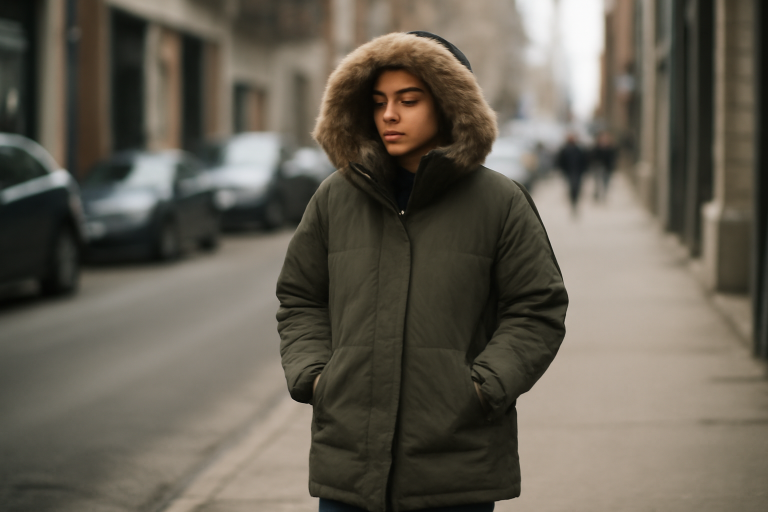 femme portant parka épaisse en rue