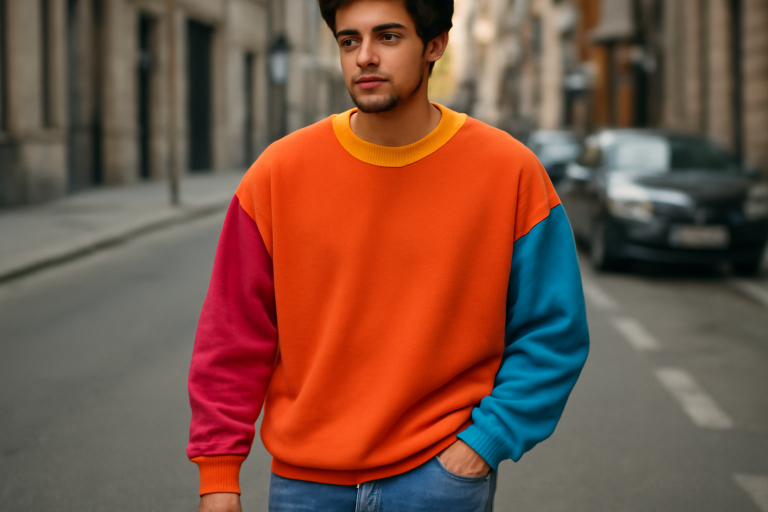 homme portant sweat oversize coloré en rue