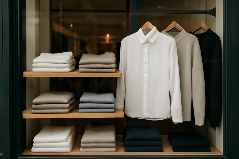 vitrine magasin avec basiques intemporels pliés