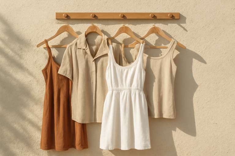 tenues légères accrochées sur patères ensoleillées