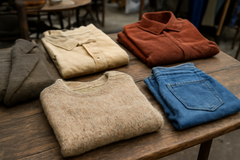 vetements sélectionnés sur une table en brocante