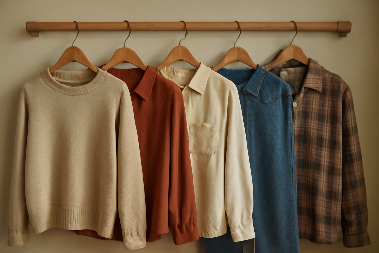 vetements vintage suspendus sur tringle en bois
