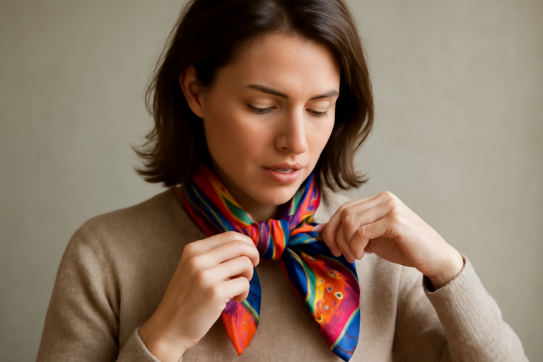femme nouant un foulard coloré au cou