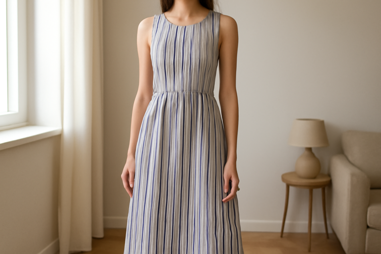 robe rayée verticale portée en intérieur lumineux