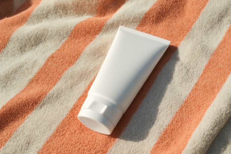 tube de crème sur une serviette de plage