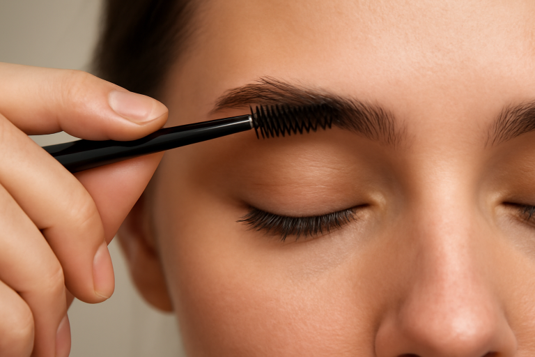 mains brossant des sourcils avec une brosse