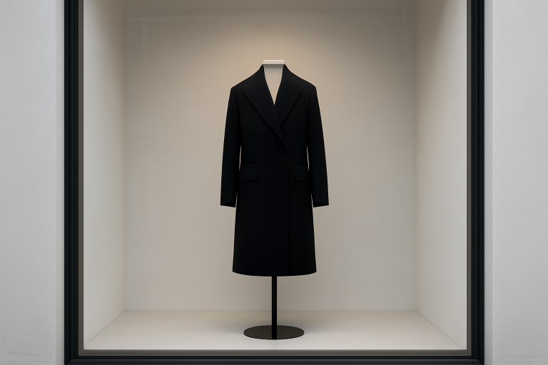 vitrine minimaliste avec manteau noir élégant