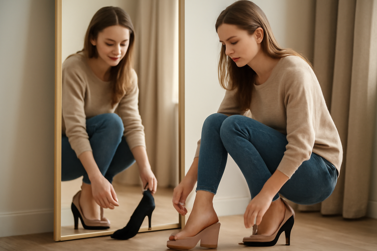femme essayant talons et compensées devant miroir