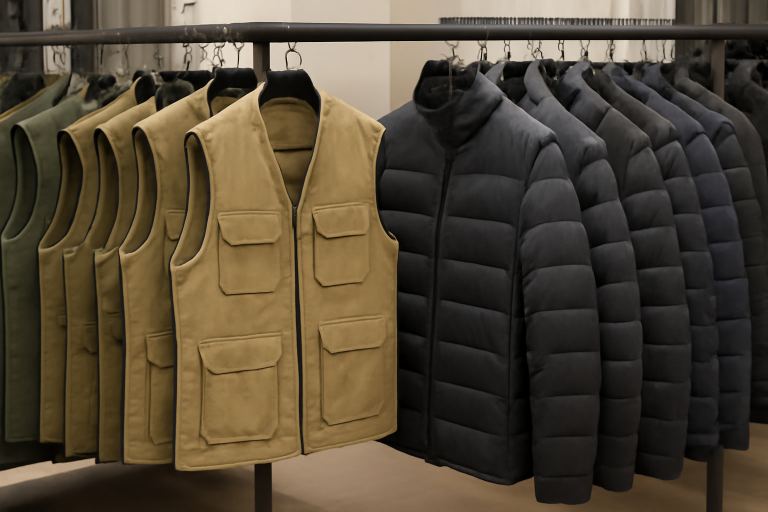 gilets techniques et doudounes alignés en magasin