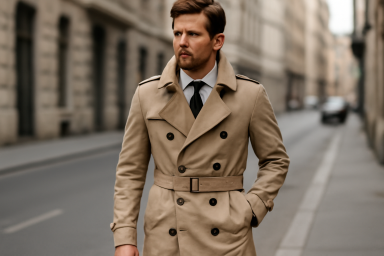 homme portant trench taille ajustée en rue