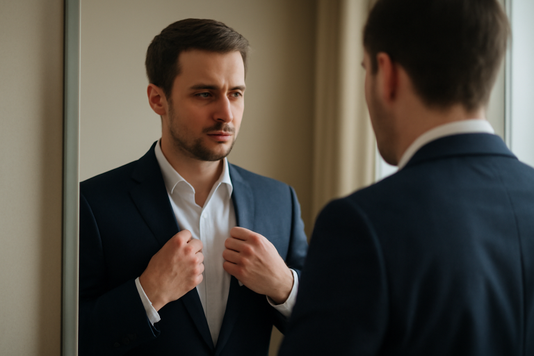 homme ajustant une veste devant miroir